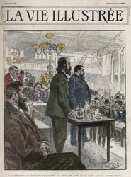 Generální kongres socialistických organizací, který se konal v Paříži v prosinci 1899, na Gymnasium Japy - Jean Jaures (1859-1914) a Eugene Fournier (1857-1914) kresba Georges Redon - la vie illustree de 1899
