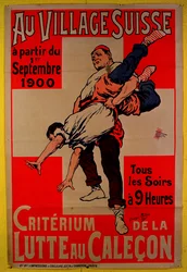 Plakátové reklamní wrestlingové soutěže ve švýcarské vesnici, 1900