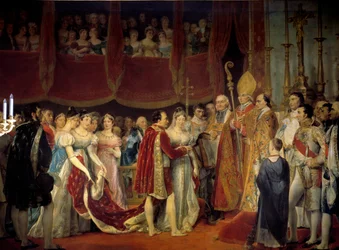 Náboženský sňatek Napoleona I. (1769-1821) s arcivévodkyní Marií Luisou Habsbursko-Lotrinskou (1791-1847), 2. 4. 1810 v Salon carre du Louvre Obraz od Georgese Rougeta (1783-1869) 19. století Sun. 3,67x4,94 m. - Náboženský sňatek Napoleona I. (17
