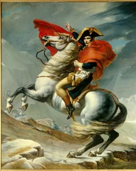 První konzul Napoleon Bonaparte (1769-1821) přechází v květnu 1800 Alpy v průsmyku Velký Svatý Bernard. Obraz Georgese Rougeta (1783-1869) podle Jacquese Louise Davida (1748-1825), 19. století, Paříž, Musée de l