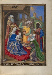 Klanění tří králů z knihy hodin paní 48 fol. 59, c.1480-90 (tempera, plátkové zlato a inkoust na pergamenu)