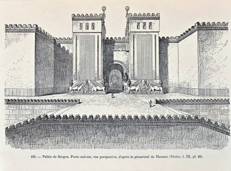 Rekonstrukce jihovýchodní brány paláce Sargon v Dur-Sharrukin ("pevnost Sargon"), dnes Khorsabad (lept)