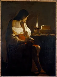 Magdaléna s noční lampou, vanitasový obraz Georgese de La Toura (1593-1652), 17. století, v. 1,28 x 0,94 m