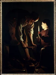 Svatý Josef tesař, Ježíšek drží svíčku, aby osvětlil svého otce Josefa při práci. Obraz Georgese de La Toura (1593-1652), 1640, v. 1,07 x 1,02 m, Paříž, muzeum Louvre