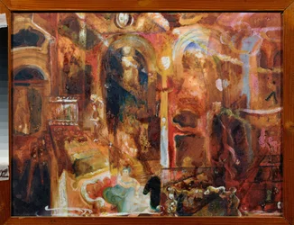 Kavárna (Cafe) - dílo Georgiho Bogdanoviče Jakulova (1884-1928), akvarel a bílá na papíře, ruské umění, 20. století, futurismus - Regionální muzeum umění, Kaluga (Rusko)
