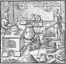 Rytina z De re metallica (O povaze kovů), od Georga Pawera nebo Georgiuse Agricoly (1494-1555), publikovaná v Basileji