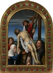 Sestup z kříže (Josef z Arimatie, Nikodém, apoštol Jan, Marie Magdalena, Panna a mrtvý Kristus) - Sestup z kříže od Davida, Gerarda (asi 1460-1523). Olej na dřevě, rozměr: 20x14, po 1500, Galleria degli Uffizi, Florencie