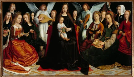 Panna mezi svatými Před: Svatá Dorothea, Svatá Kateřina, Svatá Anežka, Svatá Fausta, Svatý Apollon (nebo Apollonia), Svatá Godelina, Svatá Cecile, Svatá Barbe, Svatá Lucie, vzadu: Gerard David a jeho žena Cornelie a dva hudebníci andělé.