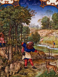 Měsíc listopad, sběr žaludů a lov zajíců, miniatura z breviáře Grimani, s miniaturou od Gerarda Horenbouta (asi 1465-před 1541), Alexandra a Simona Beningových (1483-1561), treska Lat I, 99 f 11v, Nizozemsko