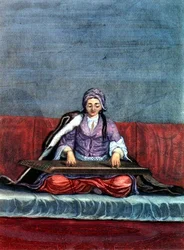 Turecká dívka hrající na citeru, rytina Gerard Jean Baptiste Scotin (1671-1716) (rytina)