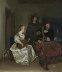 Žena hrající Theorbo dvěma mužům, asi 1668