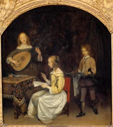 The Concert: zpěvák a hráč Luth Theorbe. Malba Gerarda Ter Borche (1617-1681), holandská škola