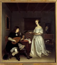 Duo; zpěvák a hráč na loutnu theorbo. Obraz Gerard Ter Borch (1617-1681), holandský