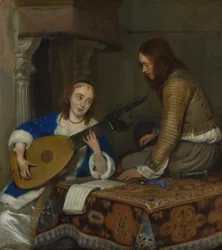 Žena hrající na Theorbo-loutnu a kavalír, ca. 1658.