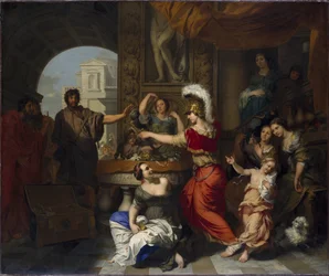 Achille decouvert par Ulysse parmi les filles de Lycomede a Skyros - Achilles objevil Ulysses mezi dcerami Lycomedes na Skyros, Lairesse, Gerard, de (1640-1711). Olej na plátně. Rozměr: 150,5 x 181 cm. Národní muzeum Stockholm