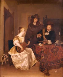 Mladá žena hrající na teorbu dvěma mužům, 1667-68