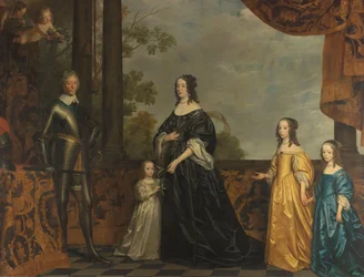 Frederick Henry, jeho choť Amálie ze Solms a jejich tři nejmladší dcery Portrét Frederika Hendrika (1584-1647), prince Oranžského, jeho manželky Amalie van Solms (1602-1675) a jejich tří nejmladších dcer Albertina Agnes (1634-1696), Henrietta Ca