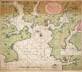 Mapa Plymouthského zálivu z mapy Lamanšského průlivu od Greenville Collinse z roku 1693