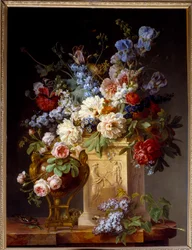Koš a váza s květinami. Obraz Gerarda De Spaendoncka (1746-1822)