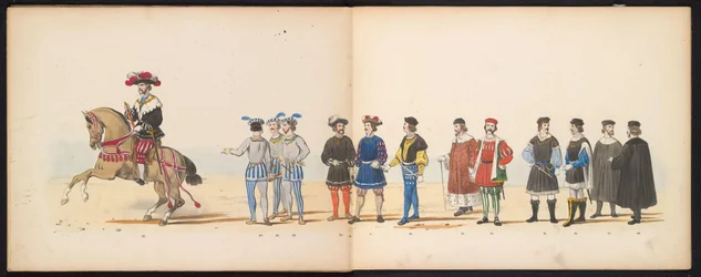 Maškaráda studentů z Leidenu, 1855 (deska 11) Kostýmovaný průvod pořádaný členy leidenského studentského sboru 12. června 1855 na oslavu 280. výročí Leidsche Hoogeschool, zobrazující vstup Karla V. do