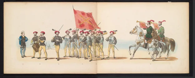 Maškaráda leidenských studentů, 1855 (deska 12) Kostýmovaný průvod pořádaný členy leidenského studentského sboru 12. června 1855 na oslavu 280. výročí Leidsche Hoogeschool, zobrazující vstup Karla V. do
