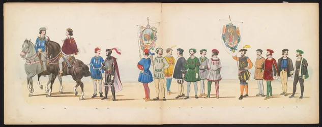 Maškaráda leidenských studentů, 1855 (deska 13) Kostýmovaný průvod pořádaný členy leidenského studentského sboru 12. června 1855 na oslavu 280. výročí Leidsche Hoogeschool, zobrazující vstup Karla V. do
