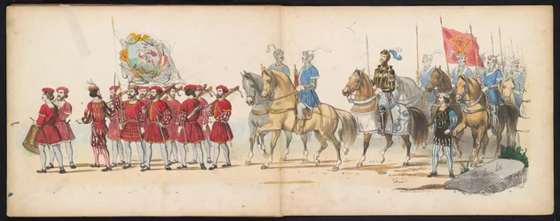 Maškaráda leidenských studentů, 1855 (deska 14) Kostýmovaný průvod pořádaný členy leidenského studentského sboru 12. června 1855 na oslavu 280. výročí Leidsche Hoogeschool, zobrazující vstup Karla V. do