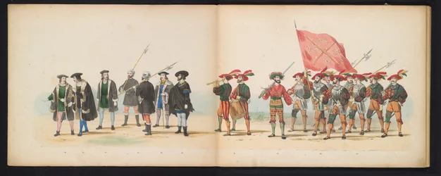 Maškaráda studentů z Leidenu, 1855 (deska 3) Kostýmovaný průvod členů leidenského studentského sboru 12. června 1855 na oslavu 280. výročí Leidsche Hoogeschool, zobrazující vstup Karla V. do
