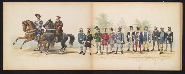 Maškaráda leidenských studentů, 1855 (deska 4) Kostýmovaný průvod členů leidenského studentského sboru 12. června 1855 na oslavu 280. výročí Leidsche Hoogeschool, zobrazující vstup Karla V. do