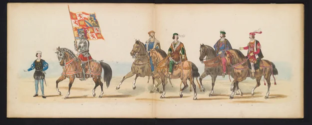 Maškaráda leidenských studentů, 1855 (deska 7) Kostýmovaný průvod členů leidenského studentského sboru 12. června 1855 na oslavu 280. výročí Leidsche Hoogeschool, zobrazující vstup Karla V. do