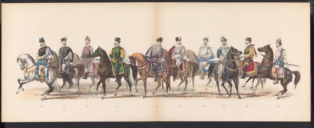 Maškaráda leidenských studentů, 1870 (deska 10) Kostýmovaný průvod pořádaný členy leidenského studentského sboru 7. června 1870 na oslavu 295. výročí Leidsche Hoogeschool, zobrazující návštěvu Leidenu v r.