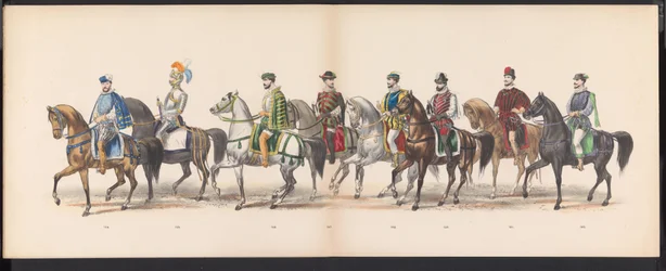 Maškaráda leidenských studentů, 1870 (deska 13) Kostýmovaný průvod pořádaný členy leidenského studentského sboru 7. června 1870 na oslavu 295. výročí Leidsche Hoogeschool, zobrazující návštěvu Leidenu v r.