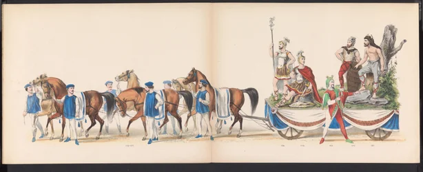 Maškaráda leidenských studentů, 1870 (deska 15) Kostýmovaný průvod pořádaný členy leidenského studentského sboru 7. června 1870 na oslavu 295. výročí Leidsche Hoogeschool, zobrazující návštěvu Leidenu v r.