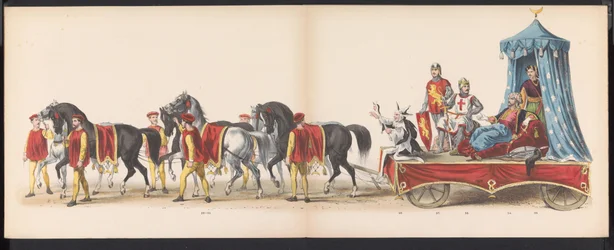 Maškaráda leidenských studentů, 1870 (deska 3) Kostýmovaný průvod pořádaný členy leidenského studentského sboru 7. června 1870 na oslavu 295. výročí Leidsche Hoogeschool, zobrazující návštěvu Leidenu v r.