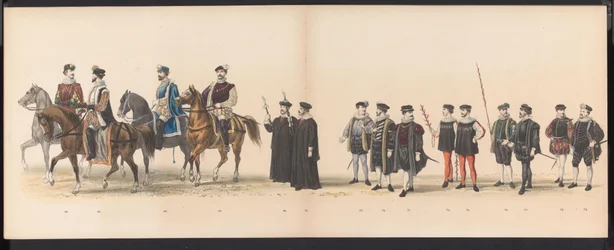 Maškaráda leidenských studentů, 1870 (deska 6) Kostýmovaný průvod pořádaný členy leidenského studentského sboru 7. června 1870 na oslavu 295. výročí Leidsche Hoogeschool, zobrazující návštěvu Leidenu v r.