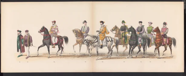 Maškaráda leidenských studentů, 1870 (deska 8) Kostýmovaný průvod pořádaný členy leidenského studentského sboru 7. června 1870 na oslavu 295. výročí Leidsche Hoogeschool, zobrazující návštěvu Leidenu v r.