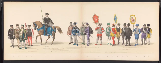 Maškaráda studentů z Leidenu, 1875 (deska 2) Maškaráda pořádaná členy leidenského studentského sboru 15. června 1875 na oslavu 300. výročí Leidsche Hoogeschool, zobrazující Leidsche Hoogeschool, vyobrazenou v