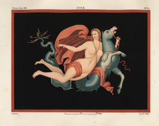 Nereid (mořská nymfa) v plášti a náramcích jedoucí na mořské příšeře nebo hippocampu, napůl koně a napůl ryby. Museo Naz. XXII, Stabiae. Kreslil a chromolitografoval Victor Steeger z Emile Presuhna (1844-1878) Nejkrásnější obrazy Pompejí,