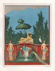 Nástěnná malba Bakcha s pávy a fontánami ze zahradní zdi v Domě Romula a Rema, VII.VII.10. Chromolitografie Victora Steegera podle ilustrace Geremia Discanna z díla Emile Presuhna (1844-1878) Nejkrásnější malby