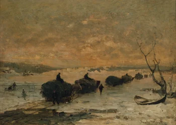 Vození sena přes led, pozdní zima