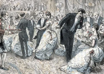 Yhteiskunta ja sosiaalinen elämä: pallo noin 1880 (High Society and social life: the ball) kaiverrus Rengaden teoksesta "The Needs of Life"