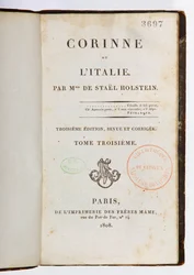 Titulní list Corinne ou lItalie, 3. přepracované a rozšířené vydání, 3. díl, Imprimerie des Freres Mame, Paříž, 1808 (tištěný papír)