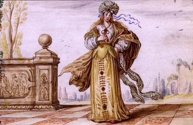 Alegorická žena zdobená ozdobami na terase, kolem roku 1640 (kvaš na pergamenu)