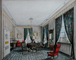 Interiér přijímací místnosti, cca 1855 (akvarel na papíře)