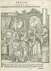 Žena v práci, ilustrace z kapitoly 2, knihy 1 knihy O početí a růstu muže od Rueff, 1587