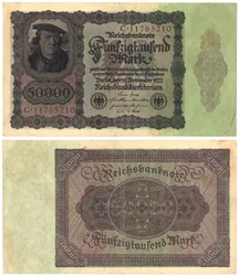 Bankovka padesát tisíc marek, 1922 (obrácená a zadní strana)