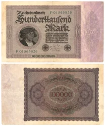 Bankovka sto tisíc marek, 1923 (pravé a zadní)