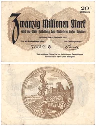 Bankovka v hodnotě dvaceti milionů marek, 1923 (recto a verso)
