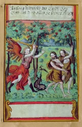 Adam a Eva vyloučeni z rajské zahrady, kolem roku 1640 (kvaš na pergamenu)
