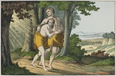 Adam a Eva vyhnaní z ráje, ilustrace z LAncien Testament, vydal Jakob Ferdinand Schreiber, Esslingen (barevná rytina)